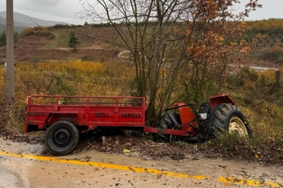 Ehliyetsiz sürücünün kontrolünden çıkan traktör devrildi